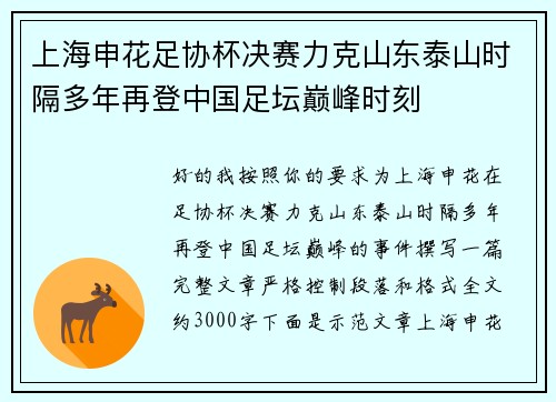 上海申花足协杯决赛力克山东泰山时隔多年再登中国足坛巅峰时刻